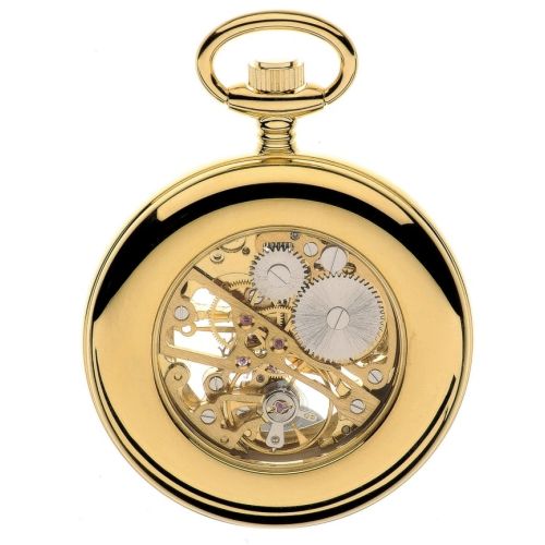 Gold Tone Swiss Mechanical Open Face Skeleton Pocket Watch with Roman Indexes