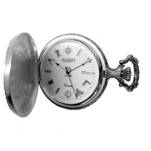 Full Hunter Silver Toned Masonic Quartz Pocket Watch With T-Bar Chain