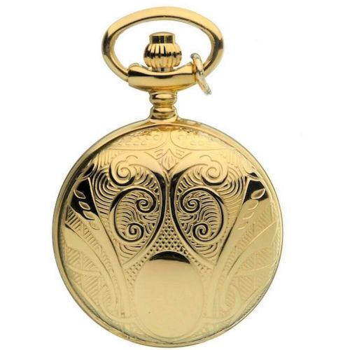 Gold Tone Full Hunter Pattern Quartz Pendant Necklace Watch With Roman Indexes
