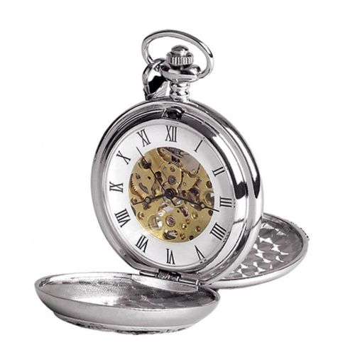 Full Hunter Music Style Chrome Pewter Mechanical Pocket Watch