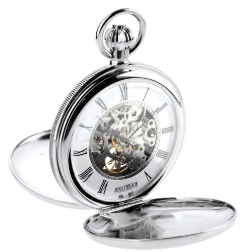 Polished Chrome Mechanical Double Hunter Pocket Watch With Heartbeat Window