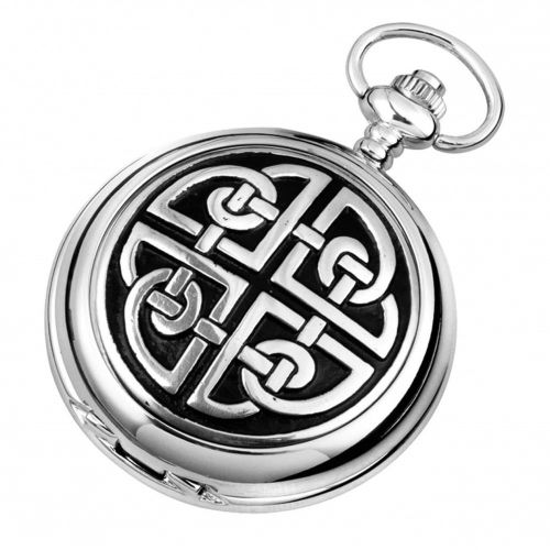 Celtic Knot Work Chrome Pewter Mechanical Double Hunter Pocket Watch