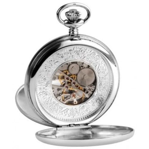 Sterling Silver Double Hunter Mechanical Pocket Watch With Chain