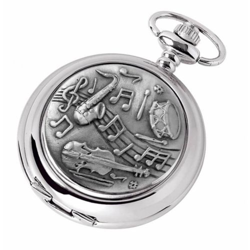 Full Hunter Music Style Chrome Pewter Mechanical Pocket Watch