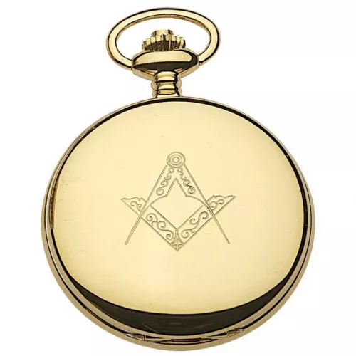 Gold Tone Full Hunter Quartz Pocket Watch With Masonic Dial