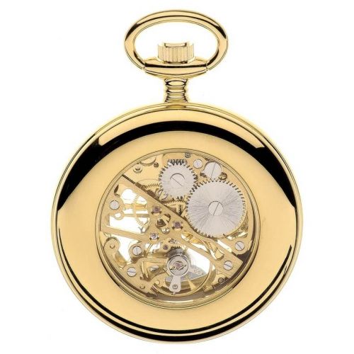 Gold Tone Swiss Mechanical Open Face Skeleton Pocket Watch with Roman Indexes