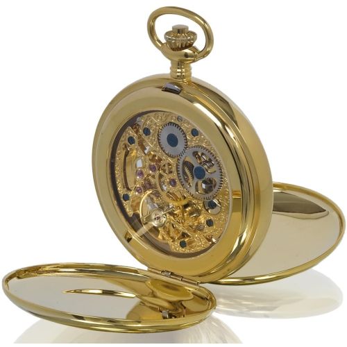 Gold Tone Mechanical Moon Dial Double Hunter Pocket Watch