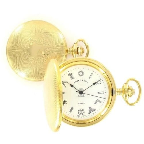 Gold Toned Masonic Mechanical Engine Turned Full Hunter Pocket Watch