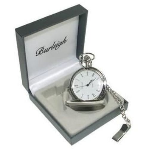 Gents Stainless Steel Half Hunter Pocket Watch With Chain & Stand