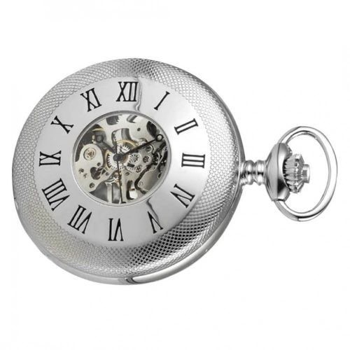 Half Hunter Sterling Silver Skeleton Mechanical Pocket Watch