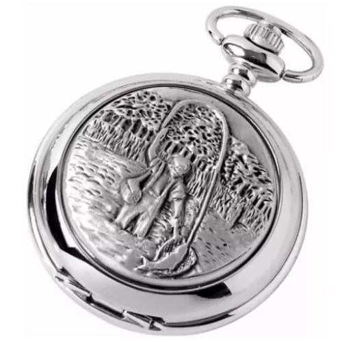 Fishing Double Hunter Pewter Mechanical Pocket Watch