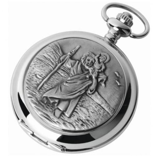 St Christopher Full Hunter Chrome Pewter Quartz Pocket Watch