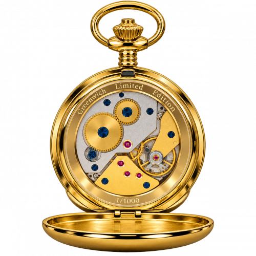 The Beaumont, Limited Edition 1000 Pieces UK Designed Gold Plated Double Hunter Mechanical Pocket Watch With Chain