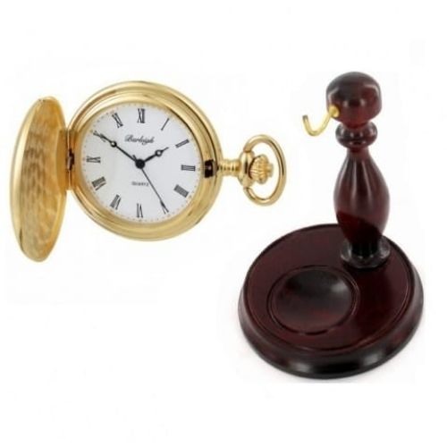 Polished Gold Plated Stainless Steel Full Hunter Pocket Watch With Chain & Stand