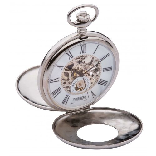 Polished Chrome Mechanical Double Half Hunter Pocket Watch With Heartbeat Window