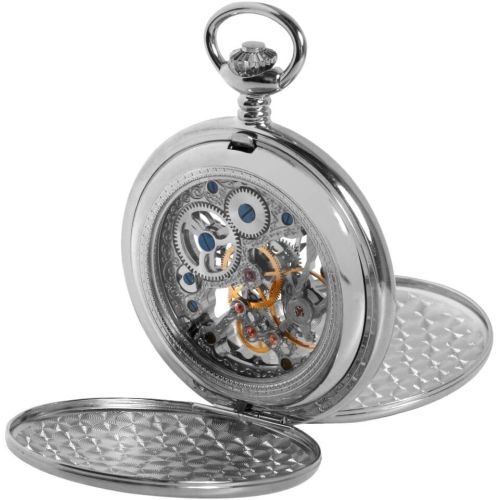 Chrome Double Hunter Mechanical Skeleton Pocket Watch