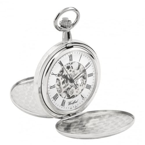 Chrome Mechanical Double Hunter Skeleton Pocket Watch