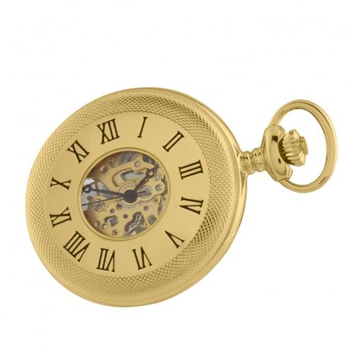 Gold Plated Mechanical Half Hunter Skeleton Open Back Pocket Watch