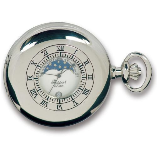 Silver Tone Moon Phase Half Hunter Quartz Pocket Watch