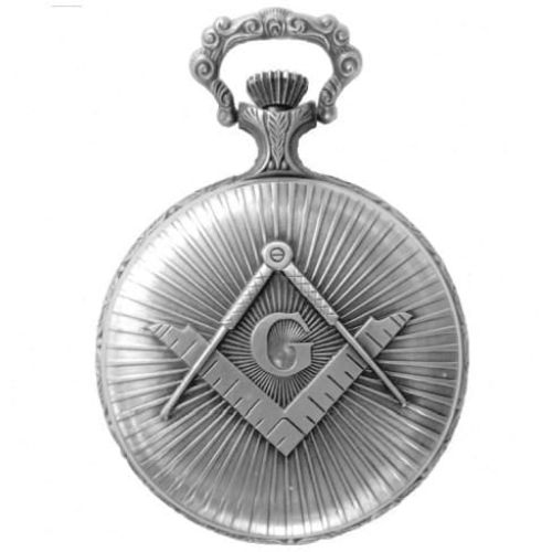 Full Hunter Silver Toned Masonic Quartz Pocket Watch With T-Bar Chain