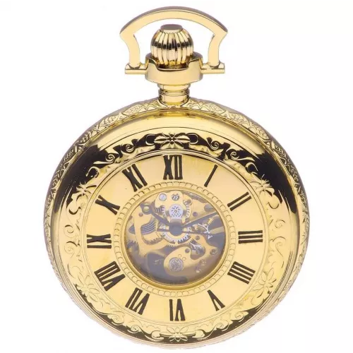 Gold Tone Mechanical Double Half Hunter Pocket Watch With Roman Indexes