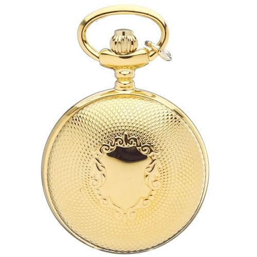 Gold Tone Shield Design Full Hunter Quartz Pendant Necklace Watch