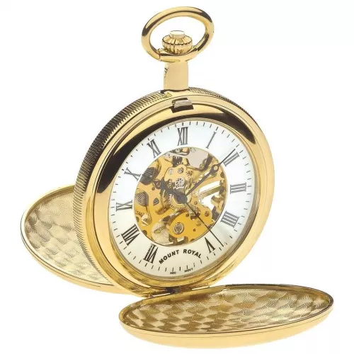 Gold Tone Skeleton Mechanical Double Hunter Pocket Watch With Roman Indexes