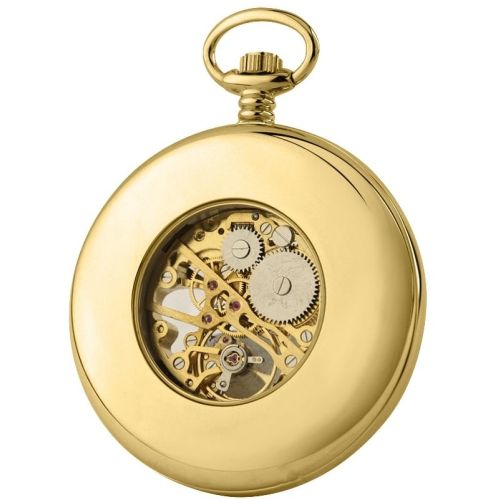 Gold Plated Mechanical Half Hunter Skeleton Open Back Pocket Watch