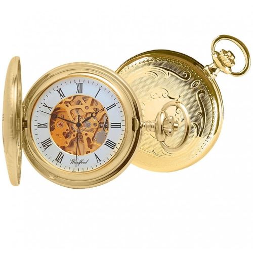 Gold Plated Full Hunter Mechanical Pocket Watch With Engravable Shield