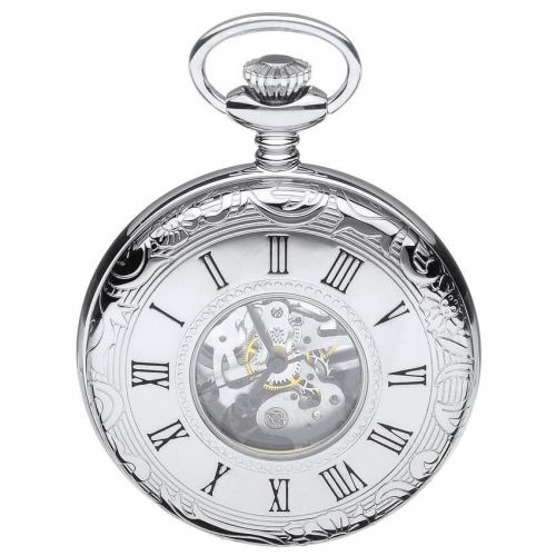 Polished Chrome Mechanical Half Hunter Pocket Watch with Skeleton Display & Roman Numerals