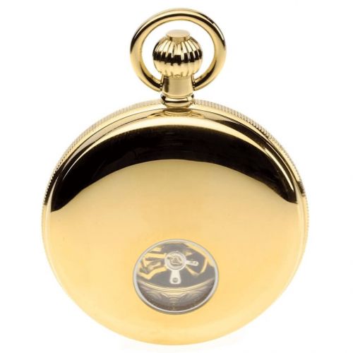 Gold Toned Double Hunter Mechanical Pocket Watch With Heartbeat Window