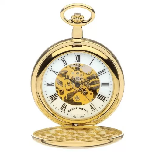 Gold Tone Skeleton Mechanical Double Hunter Pocket Watch With Roman Indexes