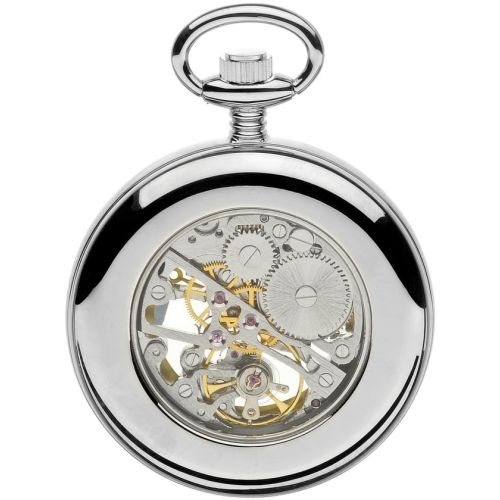 Chrome Plated Swiss Mechanical Open Face Skeleton Pocket Watch with Roman Indexes