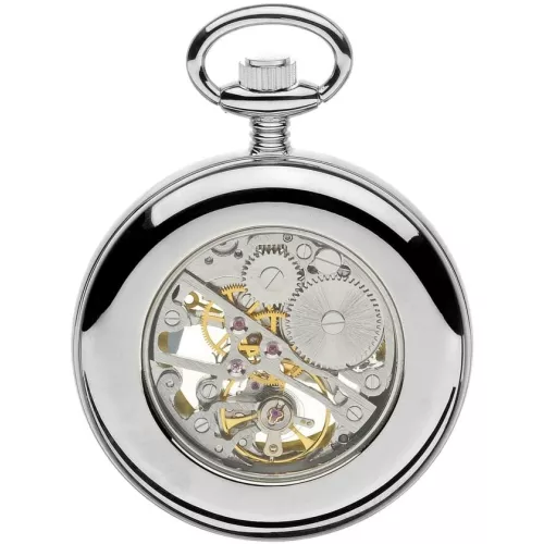 Chrome Plated Swiss Mechanical Open Face Skeleton Pocket Watch with Roman Indexes