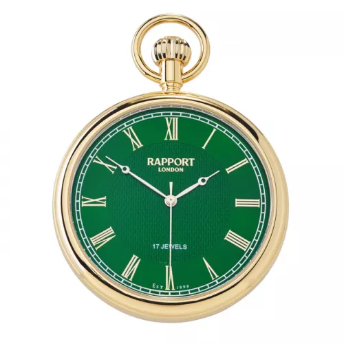 17-Jewel Mechanical Emerald Open Face Gold Plated Pocket Watch