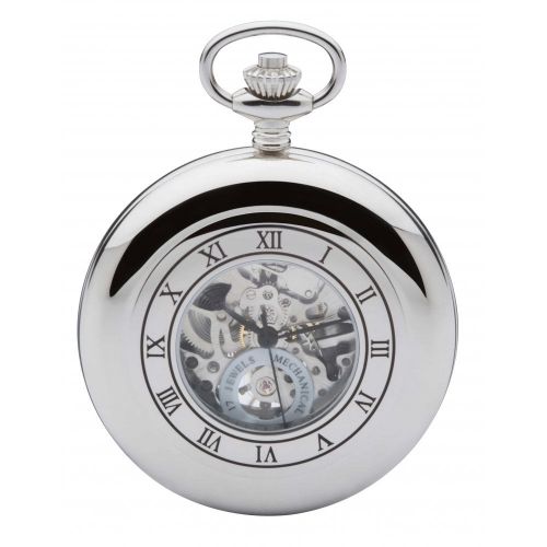 Polished Chrome Mechanical Double Half Hunter Pocket Watch With Heartbeat Window