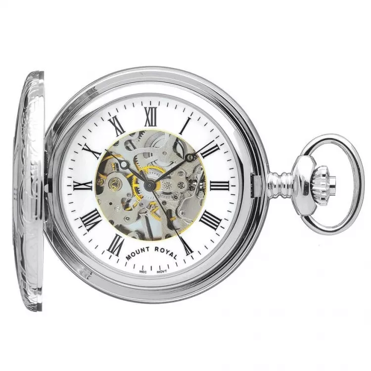 Polished Chrome Mechanical Half Hunter Pocket Watch with Skeleton Display & Roman Numerals