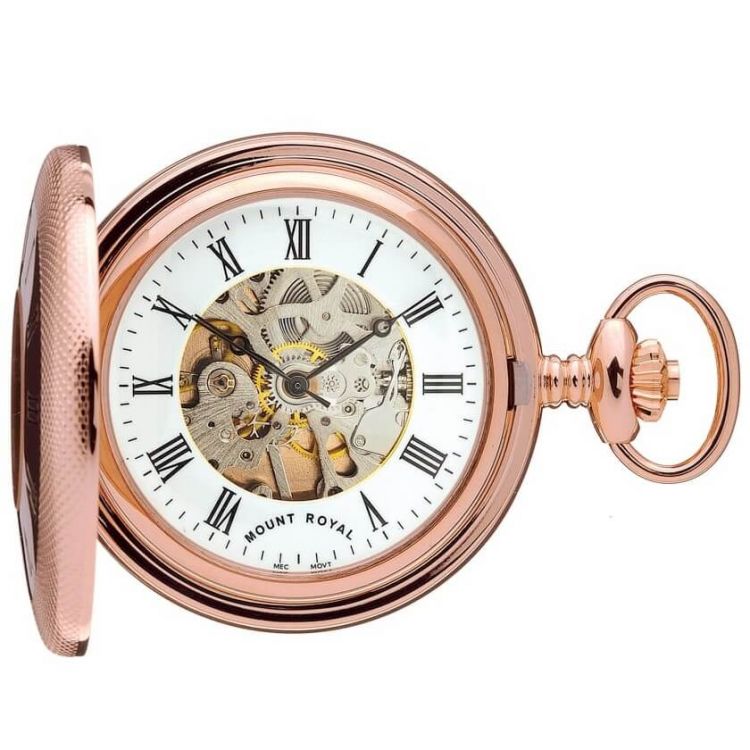 Rose Gold Polished Mechanical Half Hunter Pocket Watch With Roman Indexes