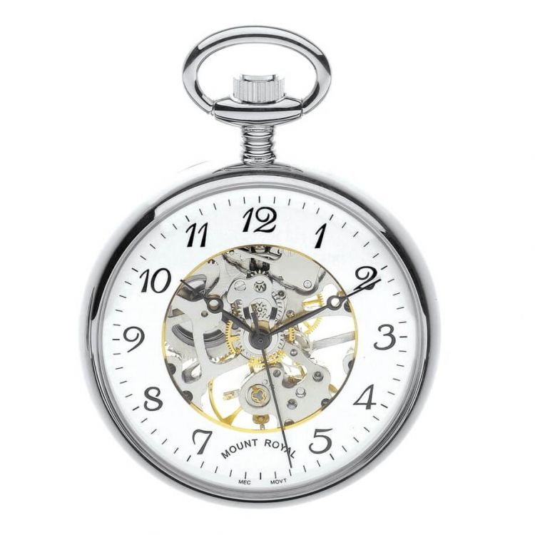 Chrome Plated Swiss Mechanical Open Face Skeleton Pocket Watch with Arabic Indexes