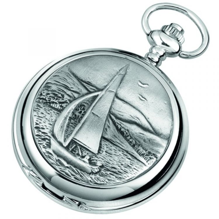 Chrome Double Hunter Sailing Scene Mechanical Pocket Watch