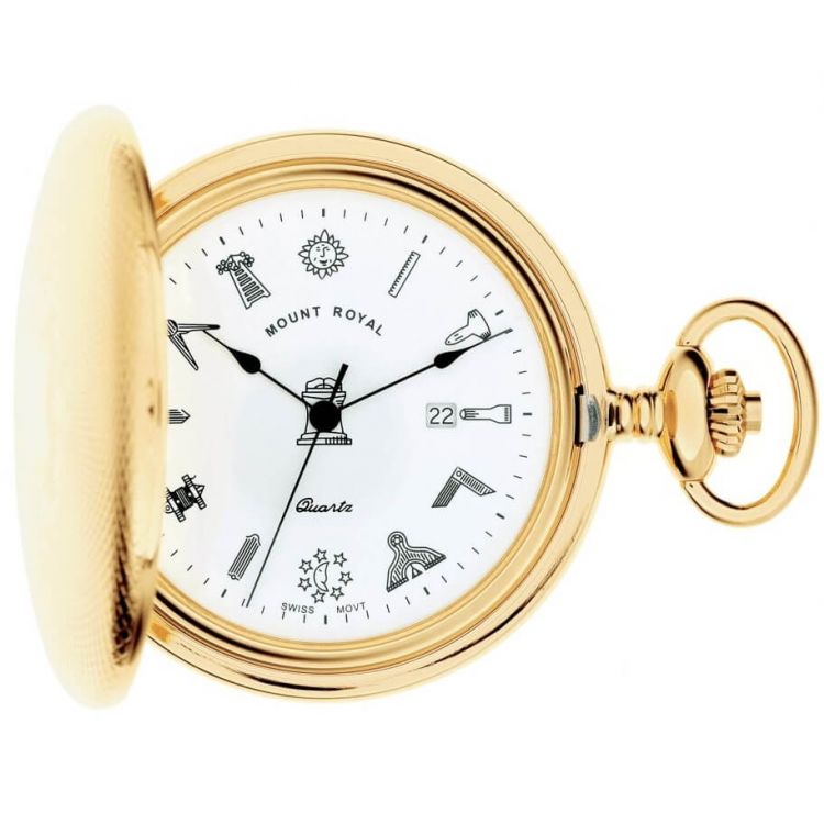 Gold Toned Masonic Engine Turned Quartz Full Hunter Pocket Watch