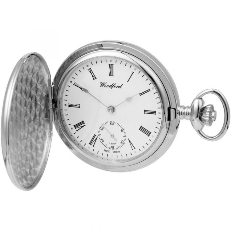 Chrome Plated Full Hunter Mechanical Pocket Watch With Chain