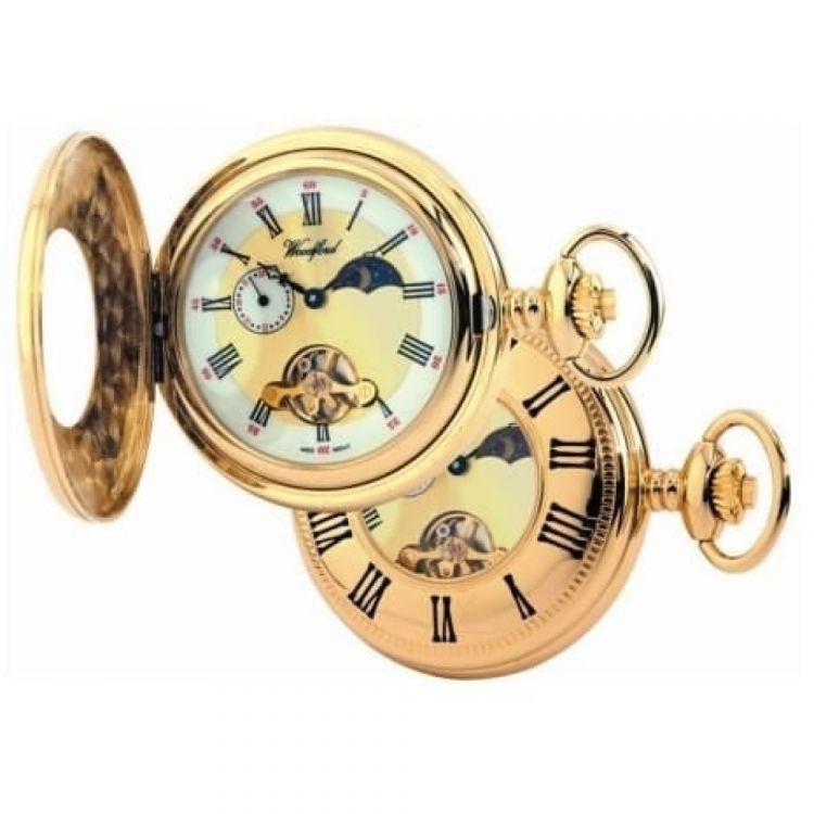 Gold Plated 17 Jewel Moon Dial Mechanical Full Hunter Pocket Watch