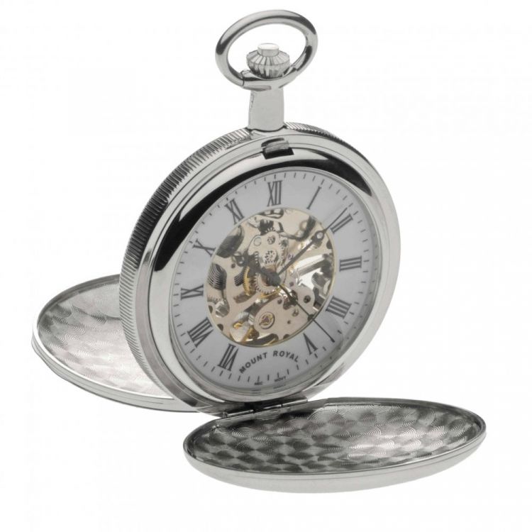 Chrome Polished Skeleton Mechanical Double Hunter Pocket Watch With Roman Indexes