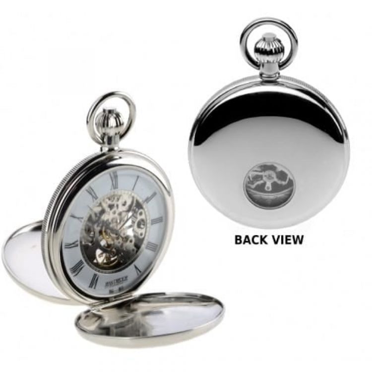 Polished Chrome Mechanical Double Hunter Pocket Watch With Heartbeat Window