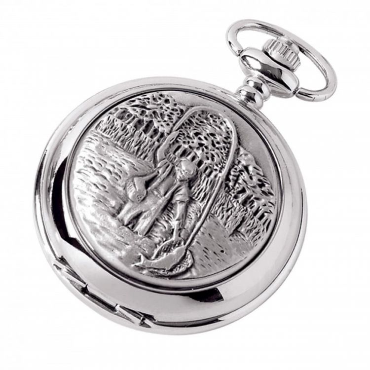 Fishing Full Hunter Pewter Quartz Pocket Watch