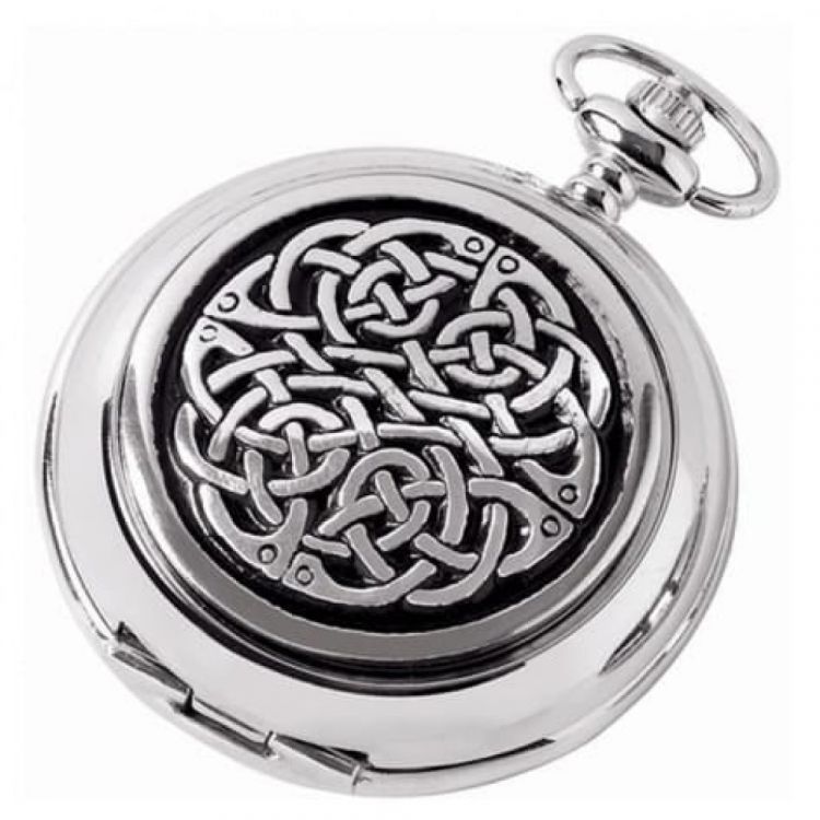 Double Hunter Celtic Knot Chrome/Pewter Mechanical Pocket Watch