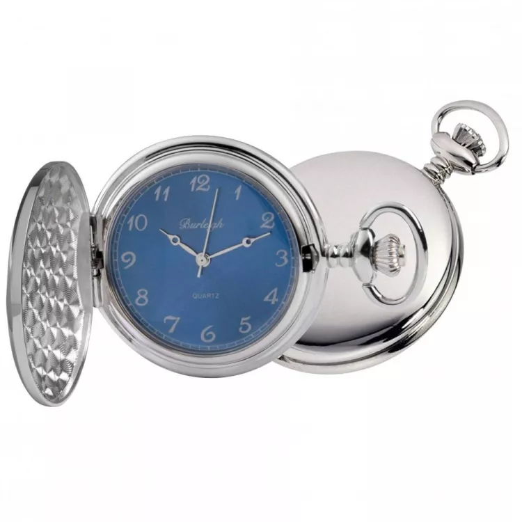 Chrome Full Hunter Quartz Blue Dial Pocket Watch