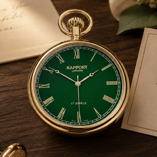 17-Jewel Mechanical Emerald Open Face Gold Plated Pocket Watch
