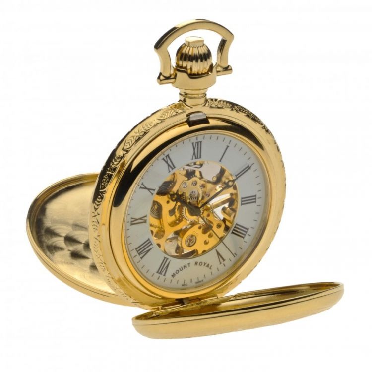 Gold Tone Mechanical Double Half Hunter Pocket Watch With Roman Indexes